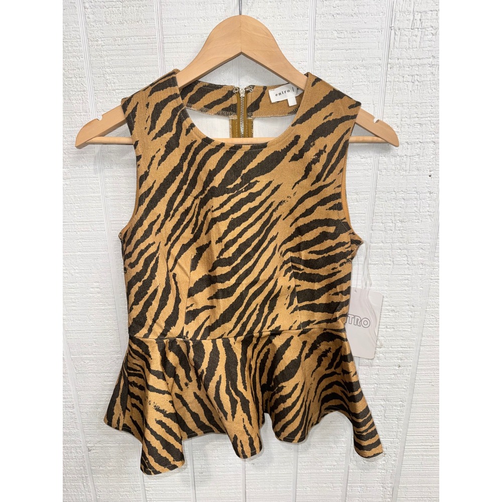 Entro Peplum Top Women Tan Black Tiger Animal Print Sleeveless T31161 Small